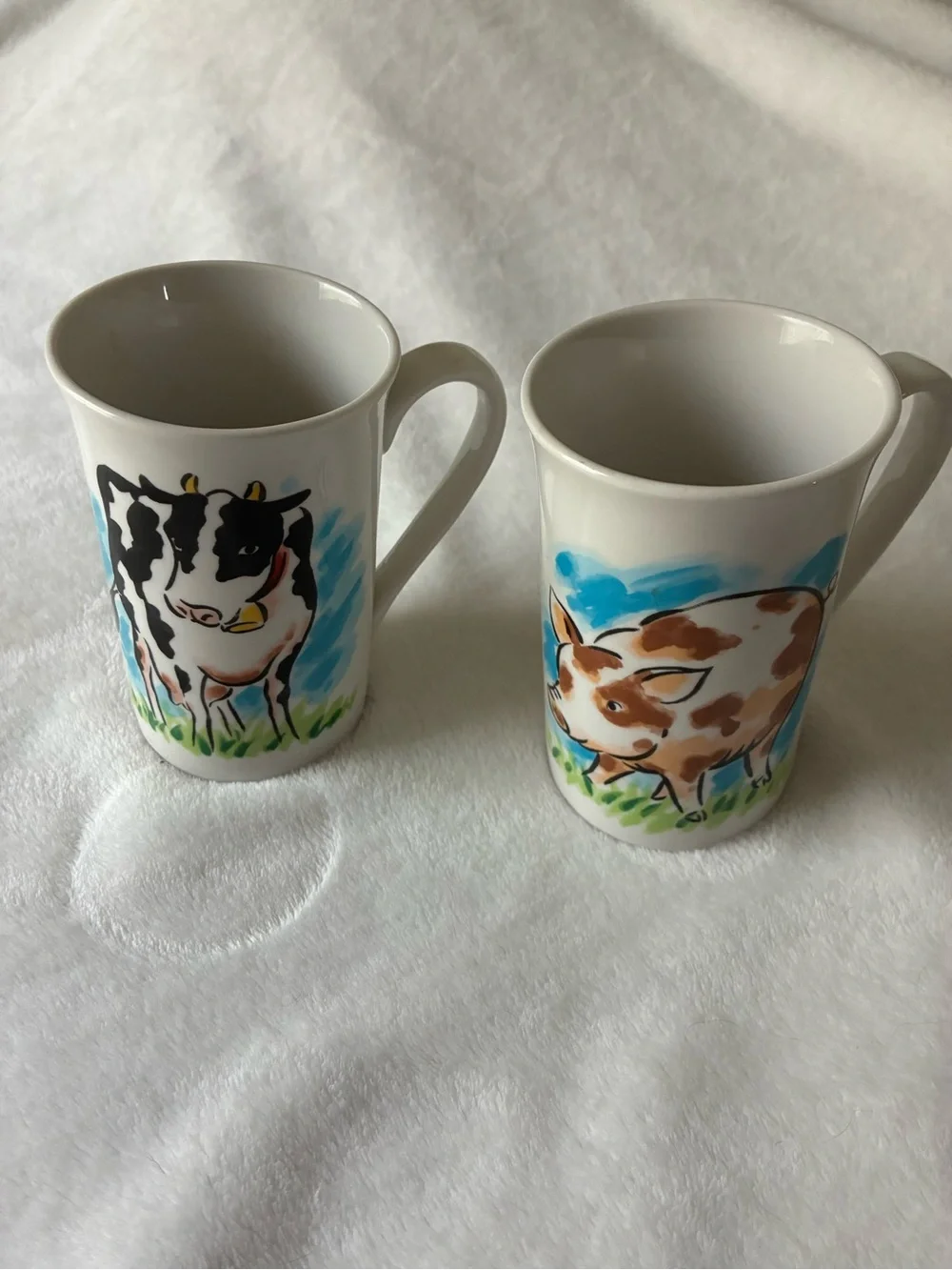 Farm Animal Ceramic Mugs in White with Cow and Pig Artwork